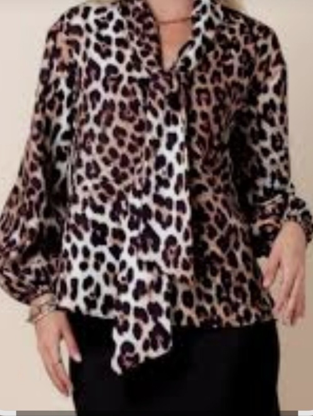 Animal Print Tie-Neck Blouse - Brown Leopard De Mangas Lasgas Size 0